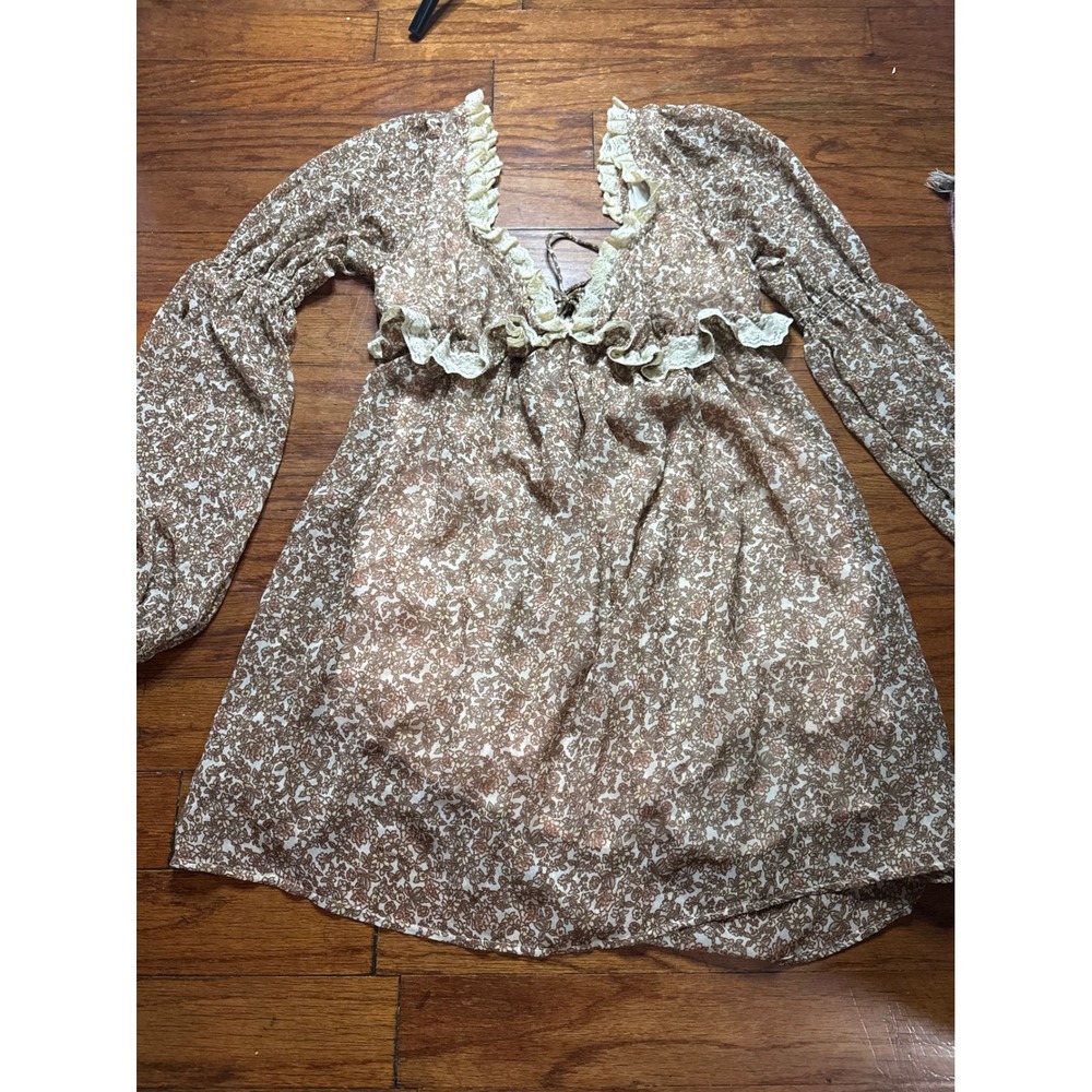 Free People Flower Fields Mini Dress Ivory Floral Lace Ruffle boho size‎ medium
